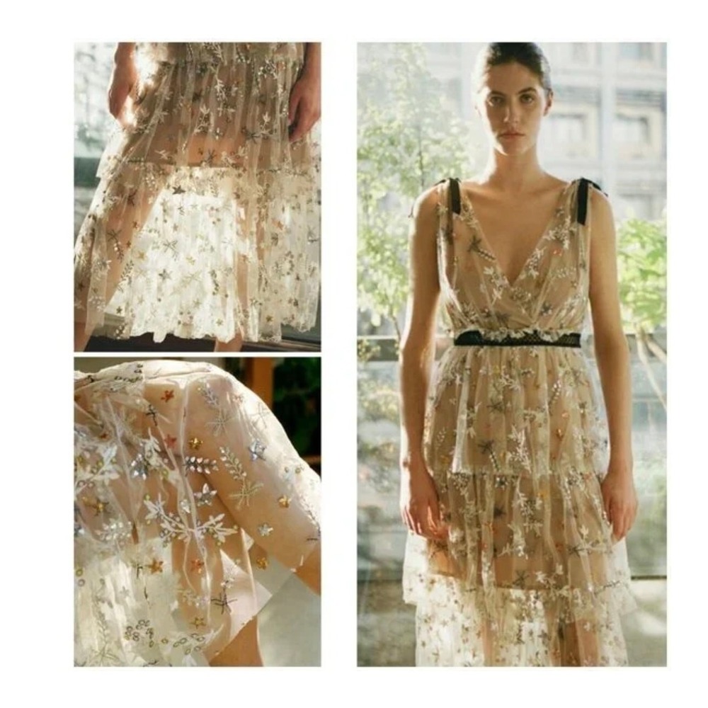 Self-Portrait Sequin Star Mesh Tulle Midi Dress NWT Nude Sequin Floral US 2 UK 6